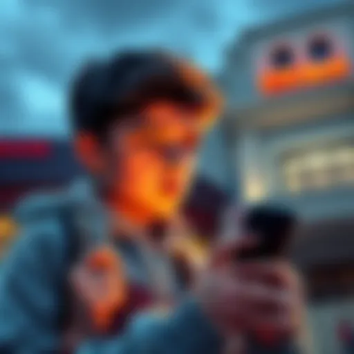 A teenager looking at a smartphone displaying cryptocurrency information with a bank building in the background.