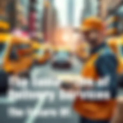 A delivery person using a tablet to manage packages while surrounded by delivery vans and packages in a busy urban setting.