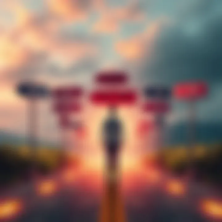 A person standing at a crossroads with signs pointing to different paths, symbolizing choices in life.