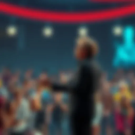 An individual stands in front of a crowd, passionately discussing science and critical thinking, reminiscent of Carl Sagan's ability to inspire others.