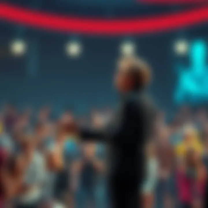 An individual stands in front of a crowd, passionately discussing science and critical thinking, reminiscent of Carl Sagan's ability to inspire others.