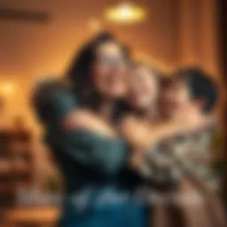 A joyful mother embracing her kids, celebrating her achievements in motherhood.