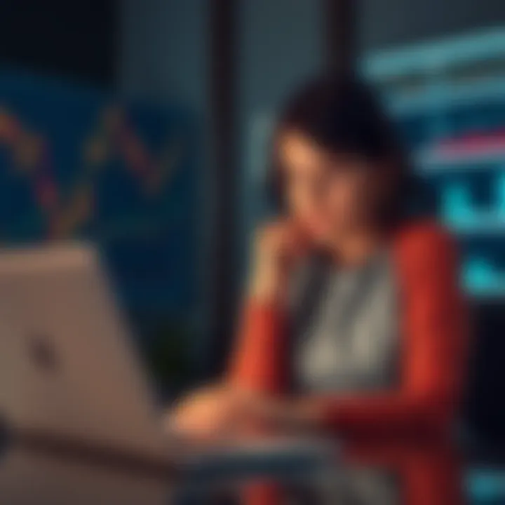A concerned mother reviews cryptocurrency charts on her laptop while thinking about family finances and investment risks.