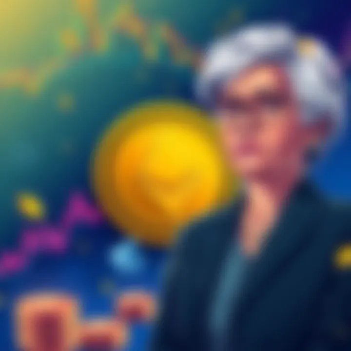An illustration representing the Monero cryptocurrency with symbols and charts reflecting market trends, alongside a depiction of Christine Lagarde expressing her views on cryptocurrency regulations.
