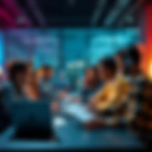 A group of people discussing strategies for completing a challenge ladder without purchases, with laptops and papers in front of them.
