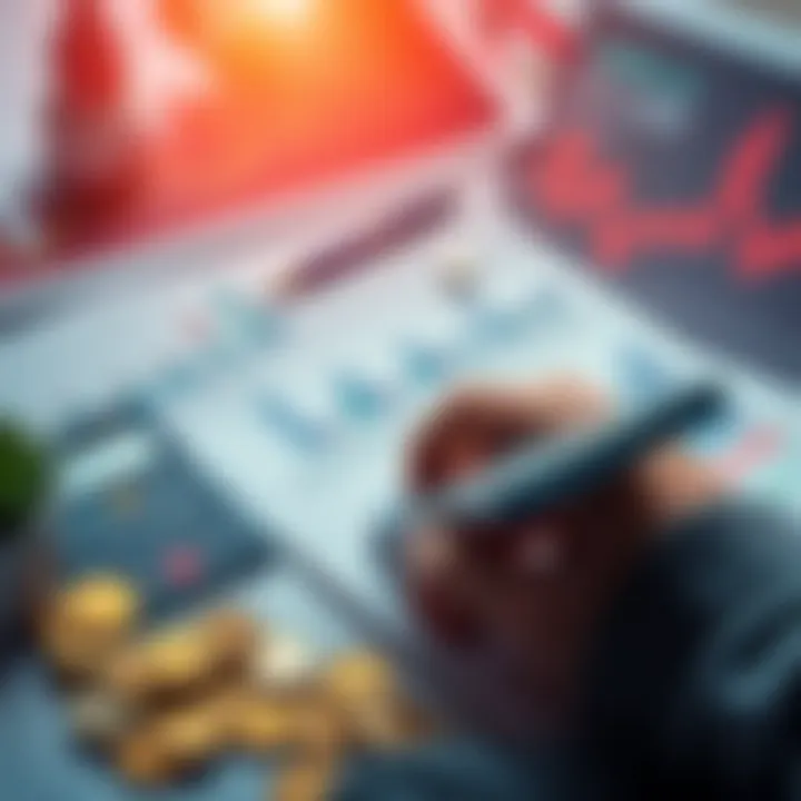 A person calculating monthly investments with a calculator and notepad, surrounded by financial charts and coins