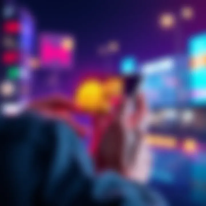 Person using Moomoo app to trade Dogecoin on a smartphone with cryptocurrency graphics