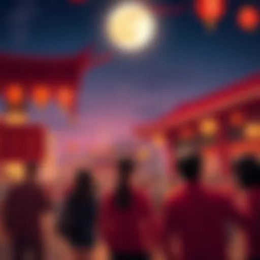 People enjoying mooncakes and celebrating together under a bright full moon