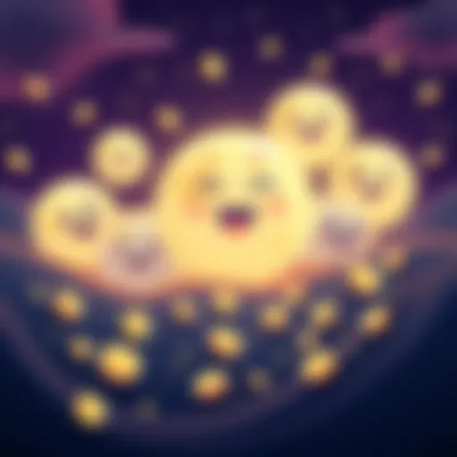 Illustration of cartoon moons with happy faces and coins around them, symbolizing growth in the meme coin market