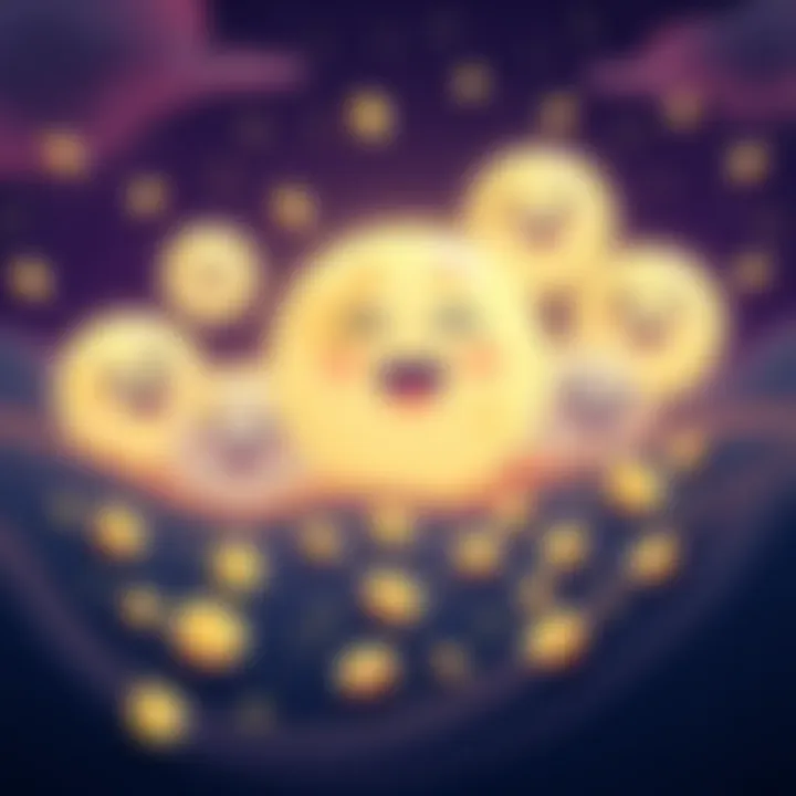 Illustration of cartoon moons with happy faces and coins around them, symbolizing growth in the meme coin market