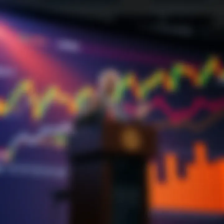 A New York lawmaker stands at a podium discussing a proposed tax on cryptocurrency sales and transfers, with financial graphs in the background