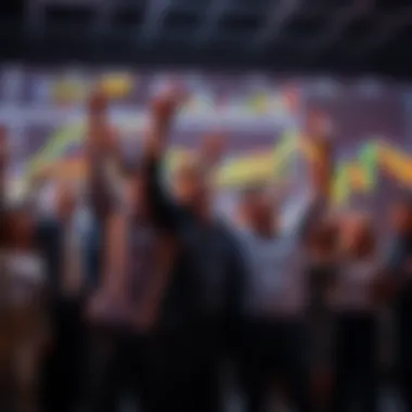 A group of happy investors celebrating a stock market rise with charts and graphs in the background.