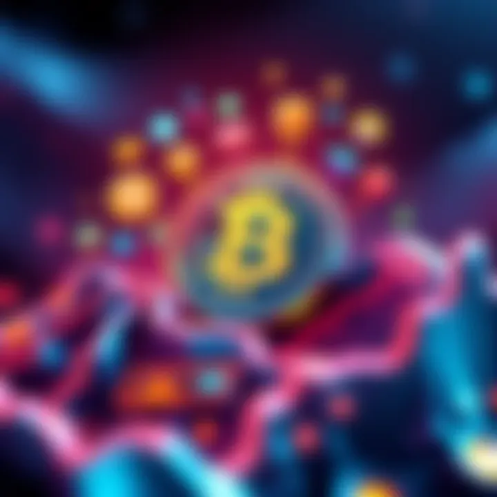 A digital coin surrounded by community icons and graphs showing growth