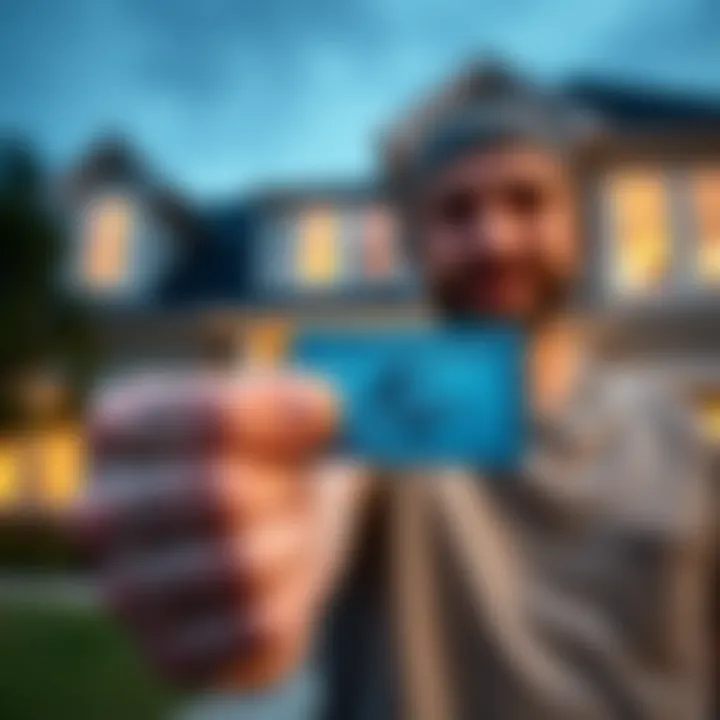 A person with a strong credit score holding an American Express Platinum card in front of their new house
