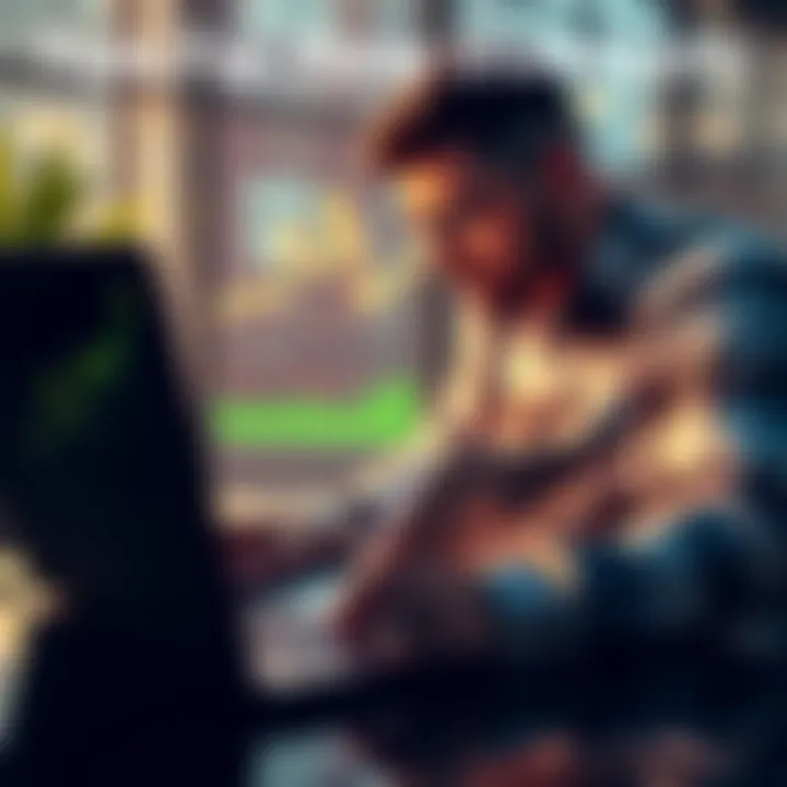 A beginner investor looking at a graph on a laptop showing cryptocurrency trends, with a notebook and pen in hand.