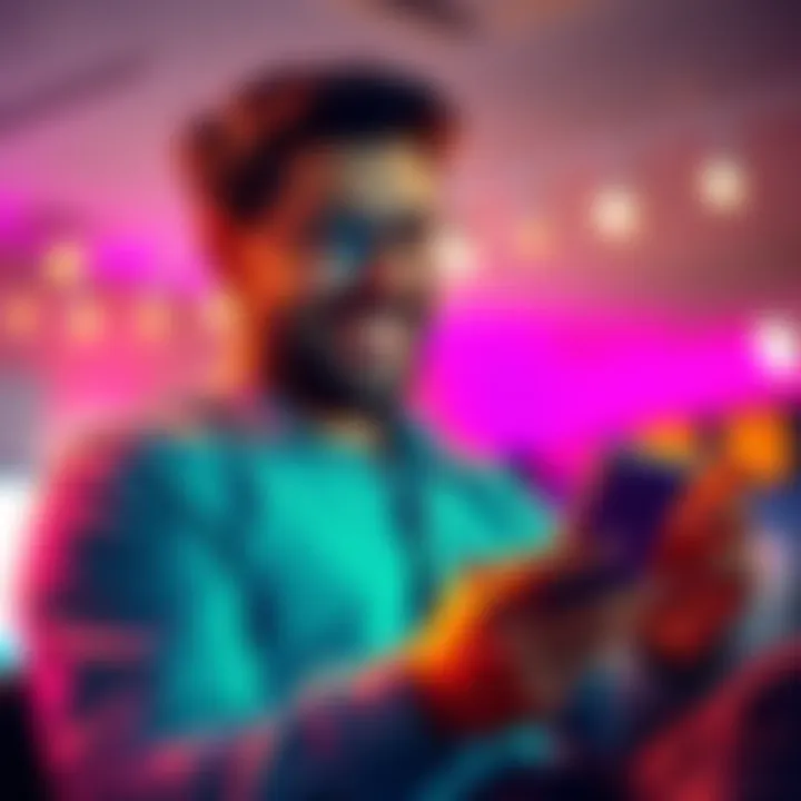 A cheerful person looking at their phone, tracking investment opportunities with enthusiasm.