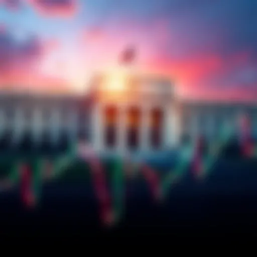 Visual representation of new tariffs affecting interest rates, showing a graph with fluctuating rates and a government building in the background indicating the Federal Reserve's involvement