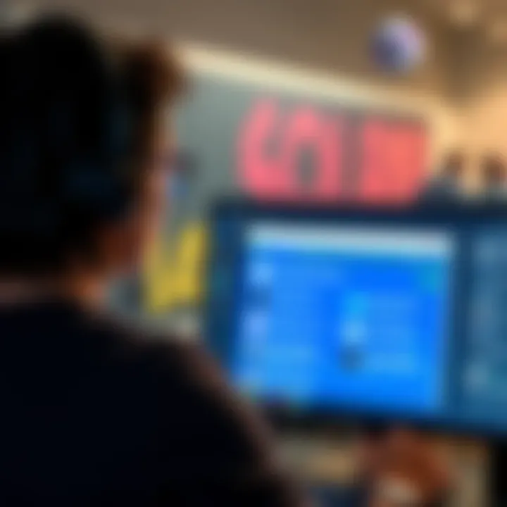 A person looking at a computer screen displaying the Solana logo with various options to buy, stake, or hold SOL. The background shows a community forum.