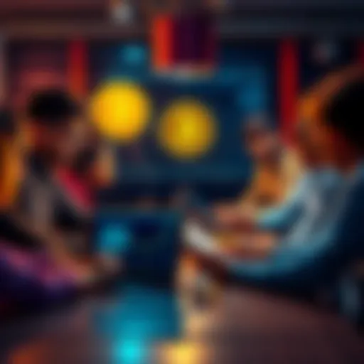 A group of people gathered around a table, discussing bitcoin and looking at charts on laptops, with a focus on welcoming newcomers to the cryptocurrency world.