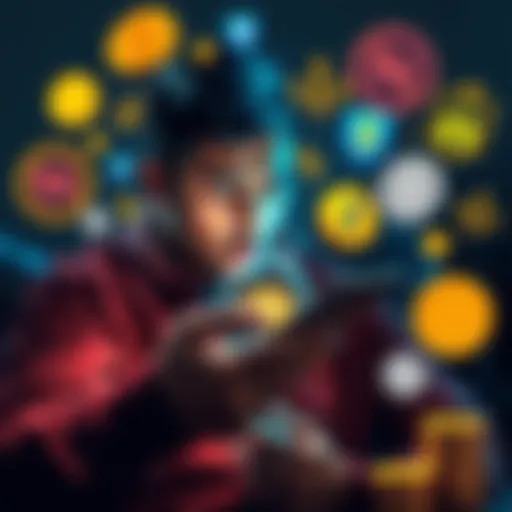 A person checking their cryptocurrency investments on a smartphone with a worried expression, surrounded by icons of coins and insurance symbols.