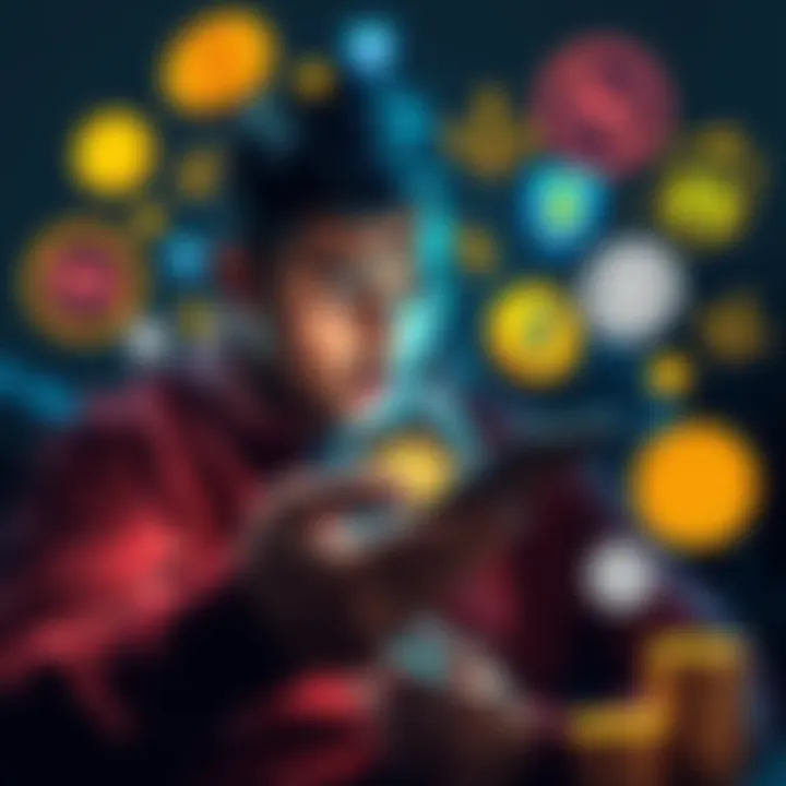 A person checking their cryptocurrency investments on a smartphone with a worried expression, surrounded by icons of coins and insurance symbols.
