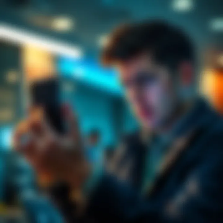 A person looking frustrated while trying to create a Nexo account on a smartphone, with a notification about new regulations displayed on the screen.