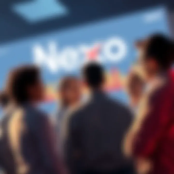 A group of people discussing concerns about Nexo's relaunch in the US market, with charts and graphs showing market trends in the background.