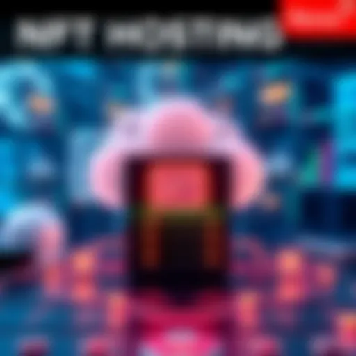 A visual representation of NFTs being hosted on different platforms like Jpegstore, featuring icons of a cloud server and a digital artwork.