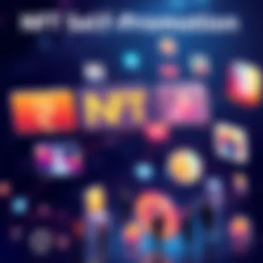 A graphic showing various online platforms for promoting NFTs, with illustrations of artworks and a connecting network of people.
