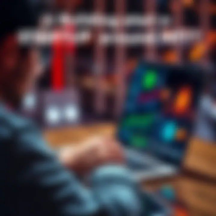 A person analyzing NFT digital art and information on their laptop screen, with various colorful graphics displayed