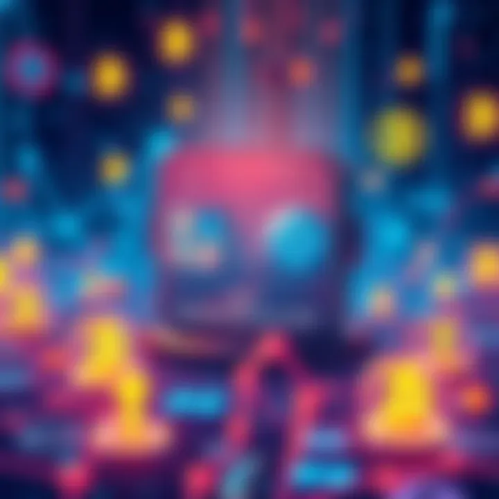 A digital representation of NFTs surrounded by blockchain symbols, showcasing modern technology and digital art, with a futuristic vibe.