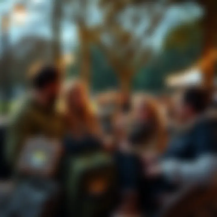 A group of people in a park, sharing laughter and Dogecoin-themed items, representing the fun and charitable spirit of the old Dogecoin community.