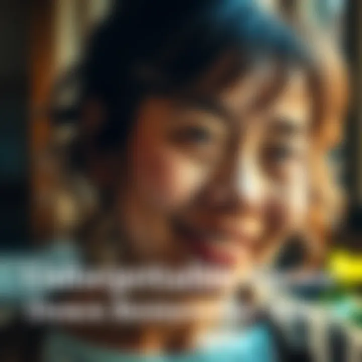 A close-up of a woman with a warm smile, evoking memories from the past. She has a thoughtful expression, surrounded by soft lighting, creating a reflective mood.