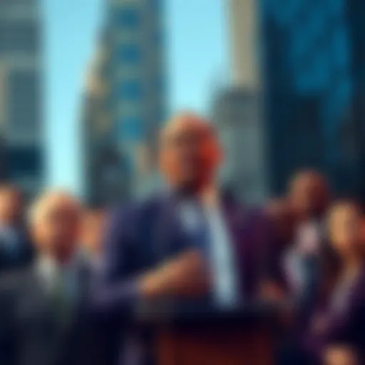 Mayor Eric Adams speaking at the launch of the new crypto advisory council in New York City, surrounded by officials and attendees.