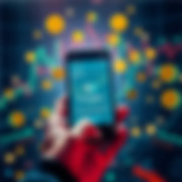 A person holding a smartphone displaying cryptocurrency prices, surrounded by charts and digital coins, symbolizing long-term investment in crypto.