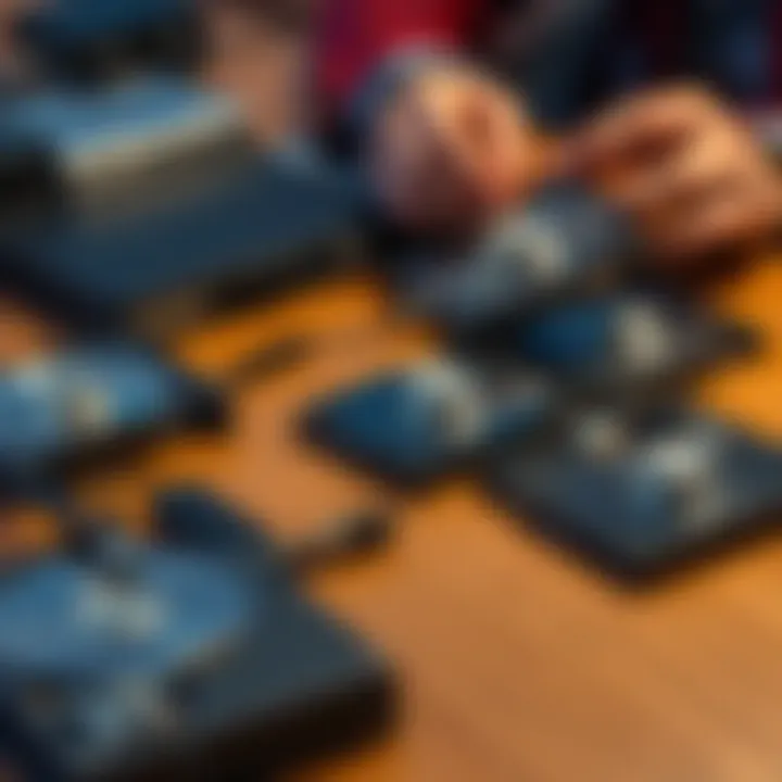 Several old hard disk drives placed on a wooden table, with a person examining one of the drives closely.