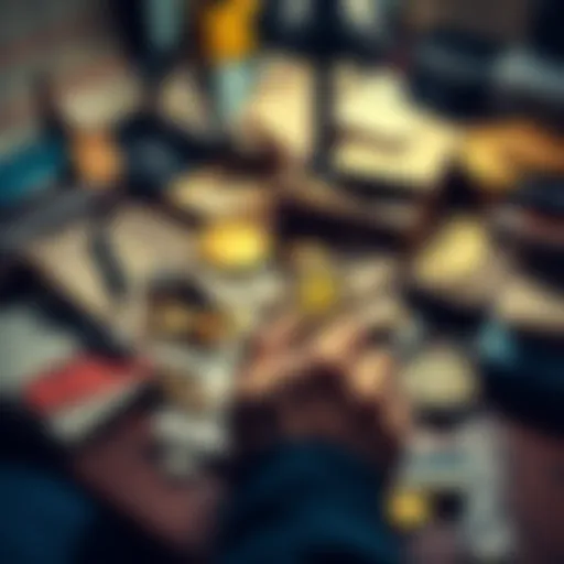 A person searching through a desk cluttered with old receipts and coins, trying to find a lost Dogecoin wallet.