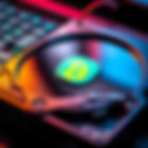 A close-up of an old hard drive showing a Bitcoin folder icon on a computer screen