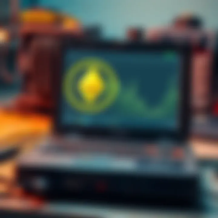 An old laptop running XMRig software to mine Monero cryptocurrency, illustrating the hash rate process in blockchain security.