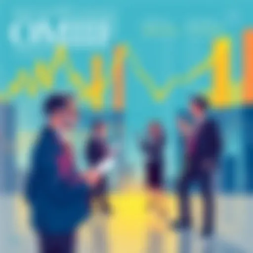Illustration showing economic experts discussing global investment trends with charts and graphs in the background.