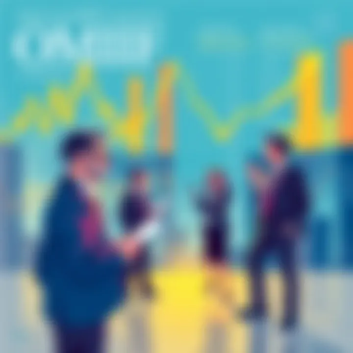 Illustration showing economic experts discussing global investment trends with charts and graphs in the background.