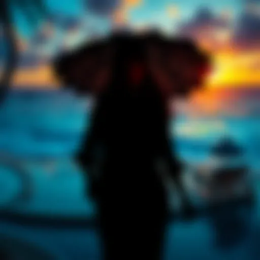 A shadowy figure representing the OneCoin scammer, set against the backdrop of a luxurious beach, symbolizing her potential escape to a life of luxury.