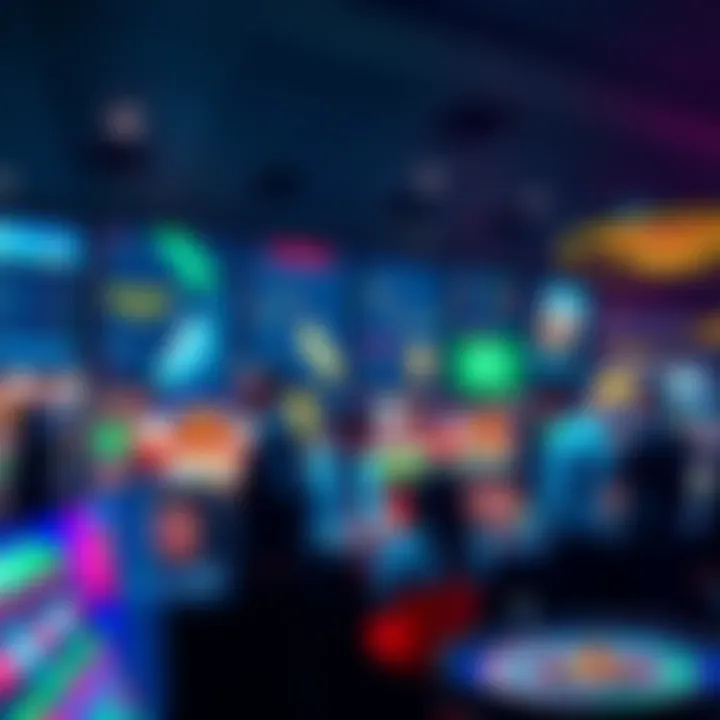 A digital screen displaying various online betting platforms and casino games with people engaged in betting activities.