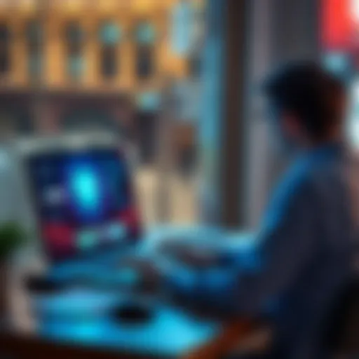 A person sitting at a desk, using a laptop to manage their bank account safely, with a VPN icon displayed on the screen