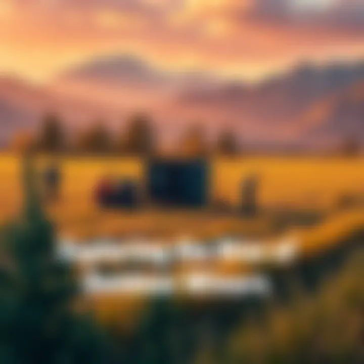 People setting up mining equipment in an open field surrounded by trees and mountains, enjoying fresh air while generating cryptocurrency.