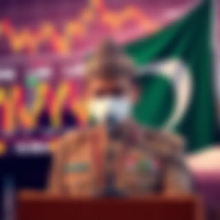 A government official announcing the launch of Pakistan's Digital Asset Authority to regulate cryptocurrencies, with a backdrop of financial charts and the national flag.