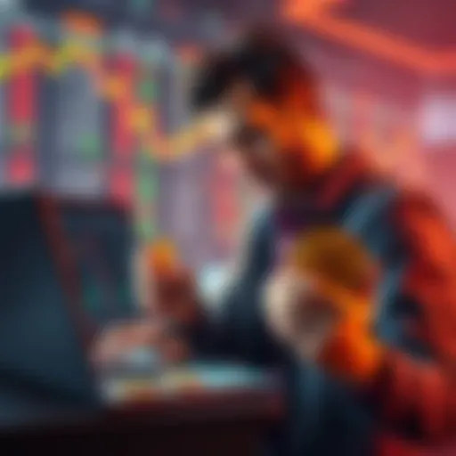 Trader looking at cryptocurrency prices on a laptop while holding Dogecoin coins, expressing concern and uncertainty during market decline.