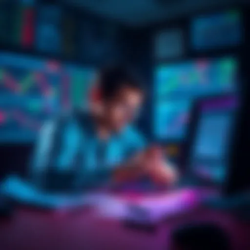 Panic Selling Financial Markets A person anxiously looking at stock market graphs on a computer screen, surrounded by papers and financial reports, showing signs of stress and urgency.