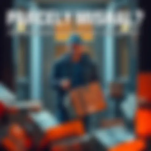 A delivery person looks confused while holding a damaged package at a doorstep, surrounded by scattered boxes.