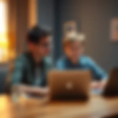 A parent and their 14-year-old son sit at a table, looking at a laptop, discussing Bitcoin and investment options.